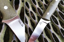 Classic drop point hunter utility knife made in RWL34 and green canvas micarta