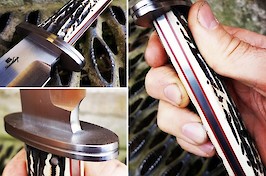 Detail includes a tapered tang for balance, red fibre liners and a cross guard of 416 stainless steel